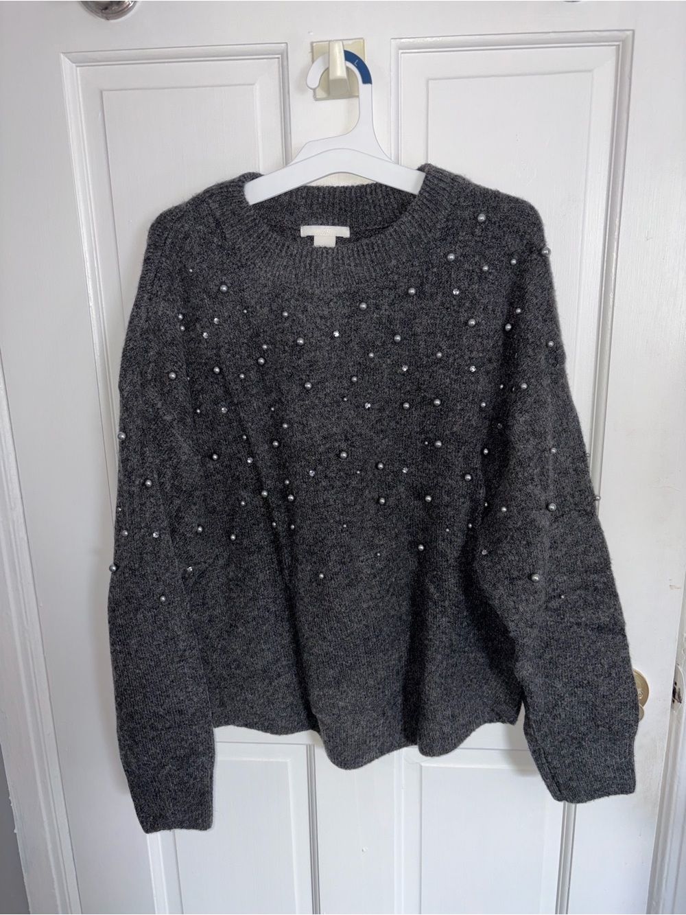 H&M Dark Gray Pearl-Embellished Crewneck Sweater